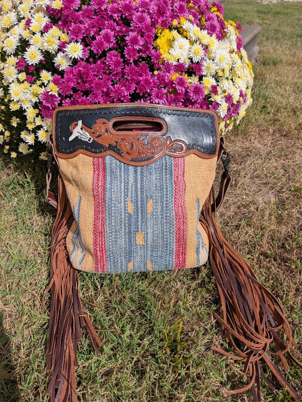 ๐EUC Myra Bag Blue Stream Hand Tooled Fringed Southwestern Stripe Crossbody Bag